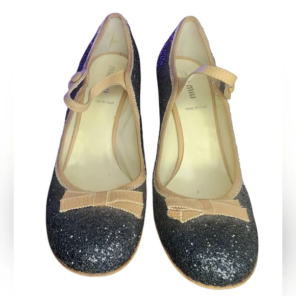 Miu Miu Black & Beige Glitter Mary Jane Pumps, Womens 38 EU (8 US) - Picture 3 of 11